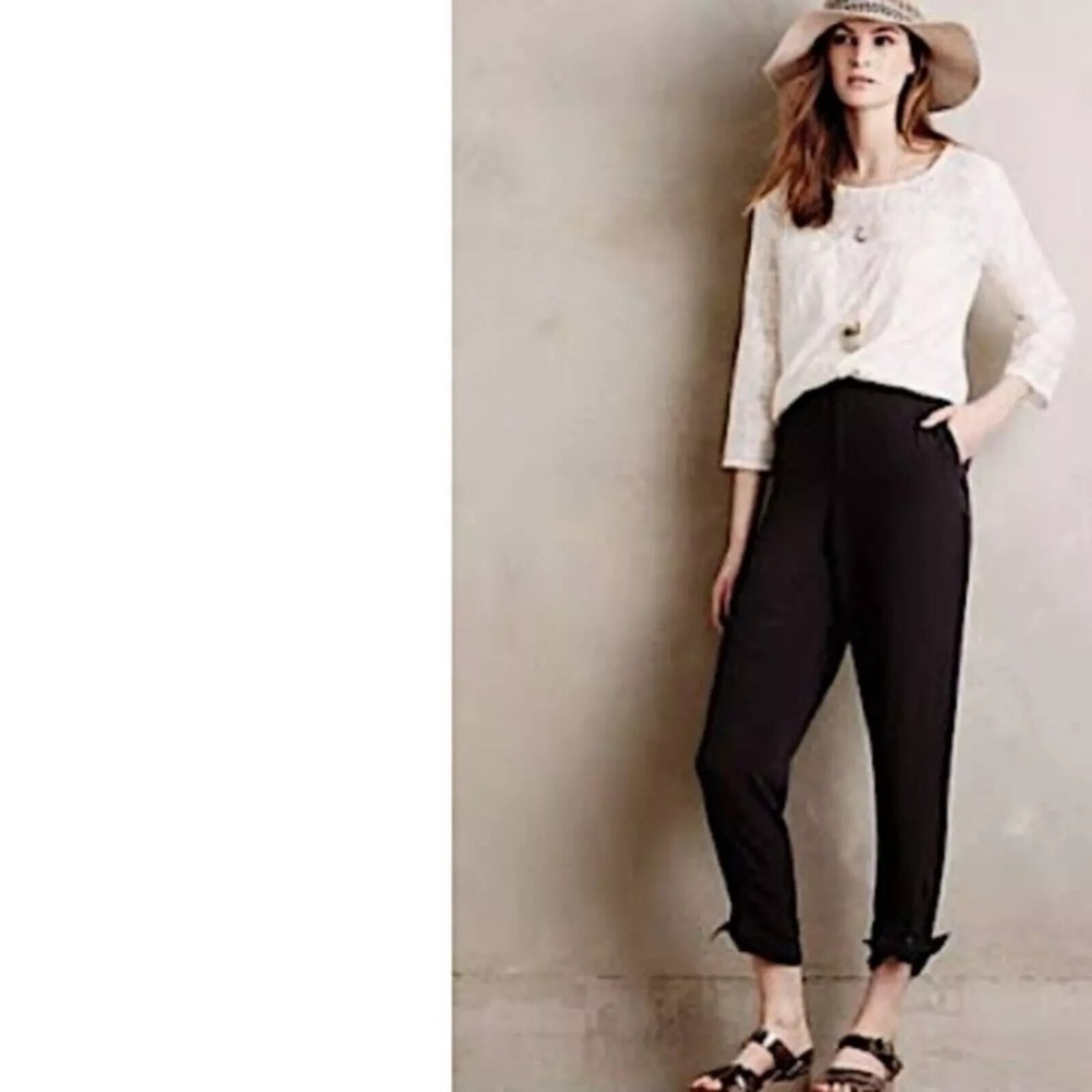 Elevenses Anthropologie Ankle Tie Pants Women 6 Black High Rise Minimalist Chic